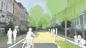 In das Foto einer Wohnstraße sind illustrativ Grün- und Radflächen sowie mehrere Personen einmontiert.