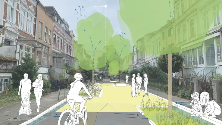 In das Foto einer Wohnstraße sind illustrativ Grün- und Radflächen sowie mehrere Personen einmontiert.