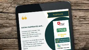 Auf einem Tablet-Computer sind Infos zu #wählbar25 und die Logos von renommierten NGOs in Deutschland zu sehen