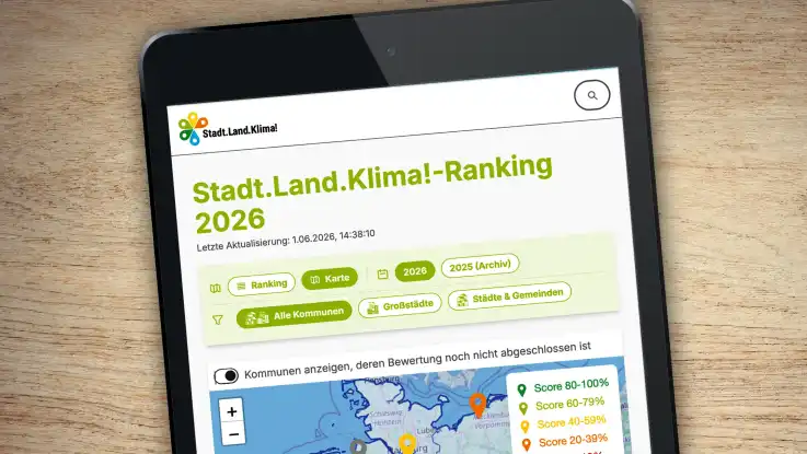 Auf einer Holzfläche ein Tablet-Compiter, der eine Website mit einer Dutschlandkarte unter der Überschrift «Stadt-Land.Klima!-Ranking» anzeigt