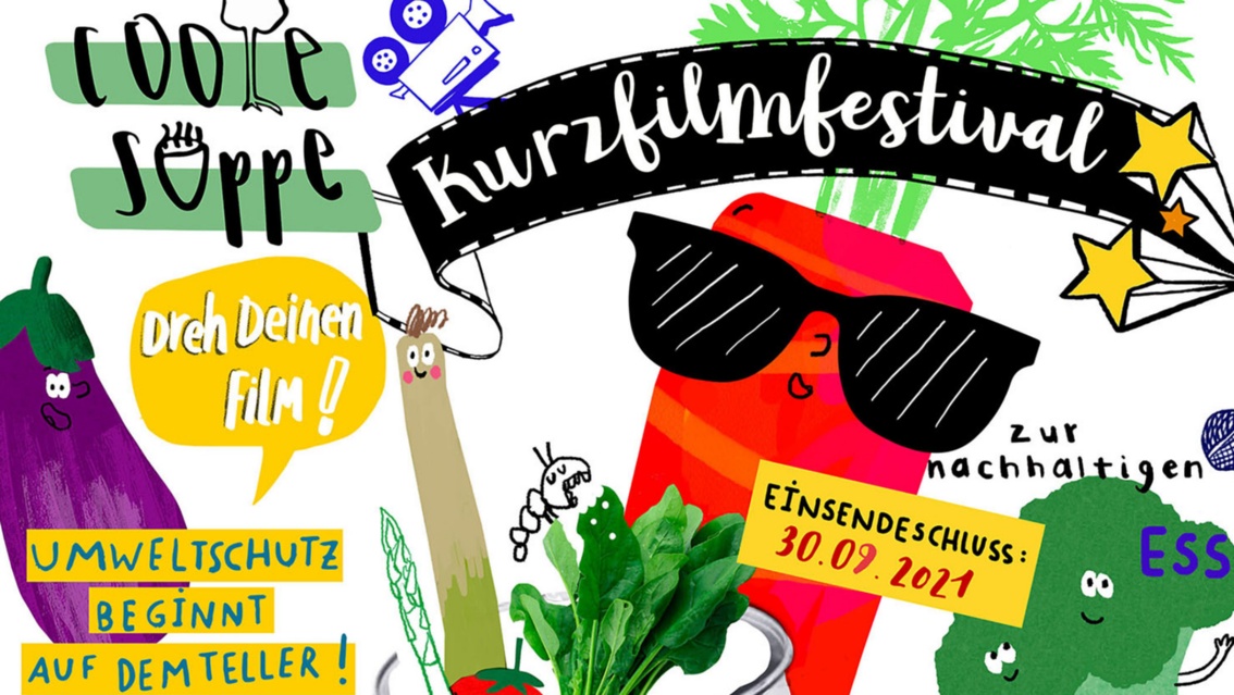 Ein Plakat mit Illustrationen von fröhlichen Gemüse-Figuren, eine davon mit Sonnenbrille, wirbt für das Kurzfilmfestival «Coole Suppe» und fordert auf, bis zum 30.09.2021 Kurzfilme zur nachhaltigen Ernährung einzureichen.