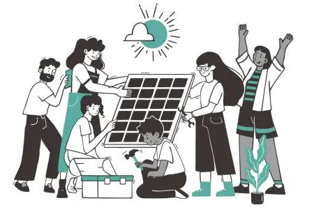 Illustration: Eine Gruppe von Menschen befasst sich mit der Planung eines Energieprojekts: Sie diskutieren über Daten und Pläne, betrachten Diagramme, arbeiten mit Tablets oder Modellen.