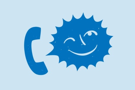 Piktogramm: Blaue Zwinkersonne mit Telefon auf hellblauem Grund