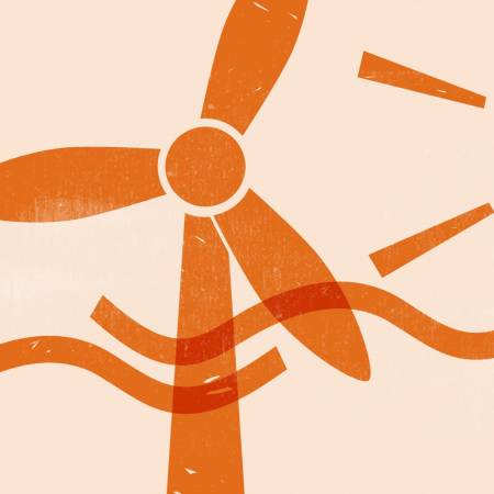 Illustration: Windkraftanlage, Wellenlinien, Sonnensymbol, auf dem die Erdkontinente erscheinen.