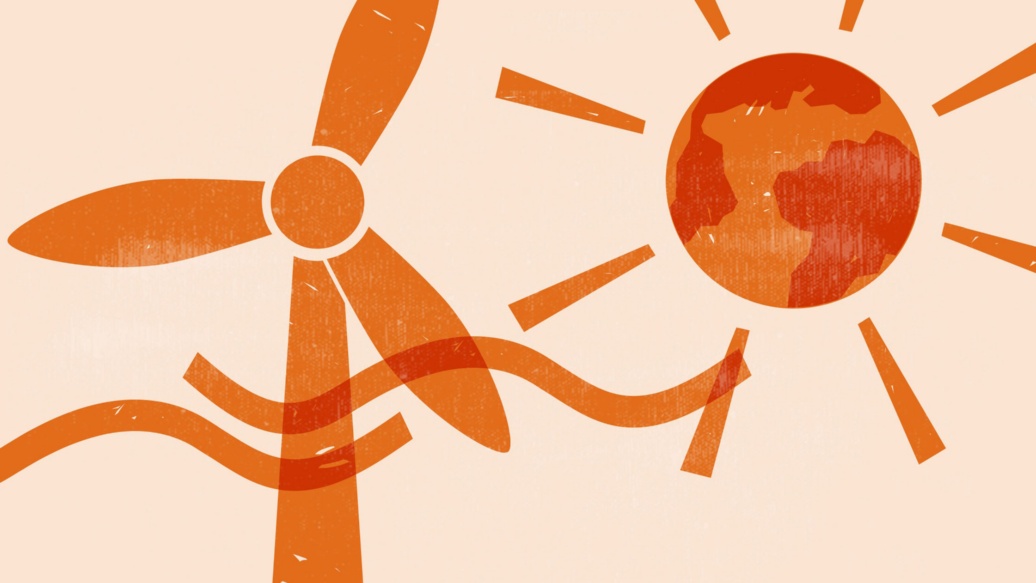 Illustration: Windkraftanlage, Wellenlinien, Sonnensymbol, auf dem die Erdkontinente erscheinen.