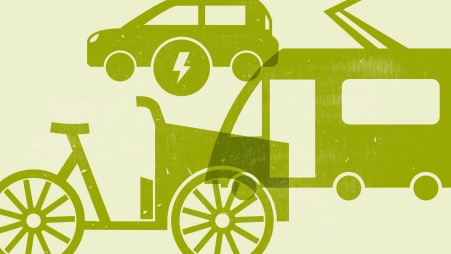 Illustration: Lastenrad, Zug mit Stromabnehmer und ein Auto mit Stromsymbol, grafisch-flächig dargestellt 
